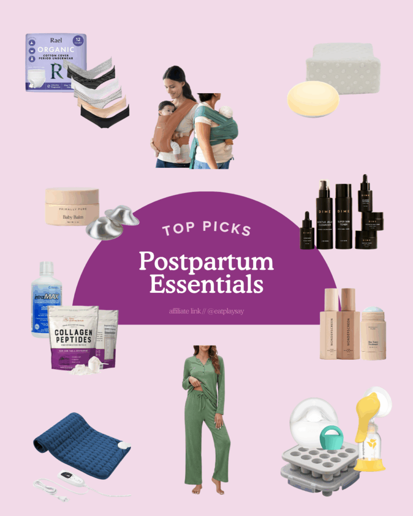 round up graphic of postpartum essentials for moms 