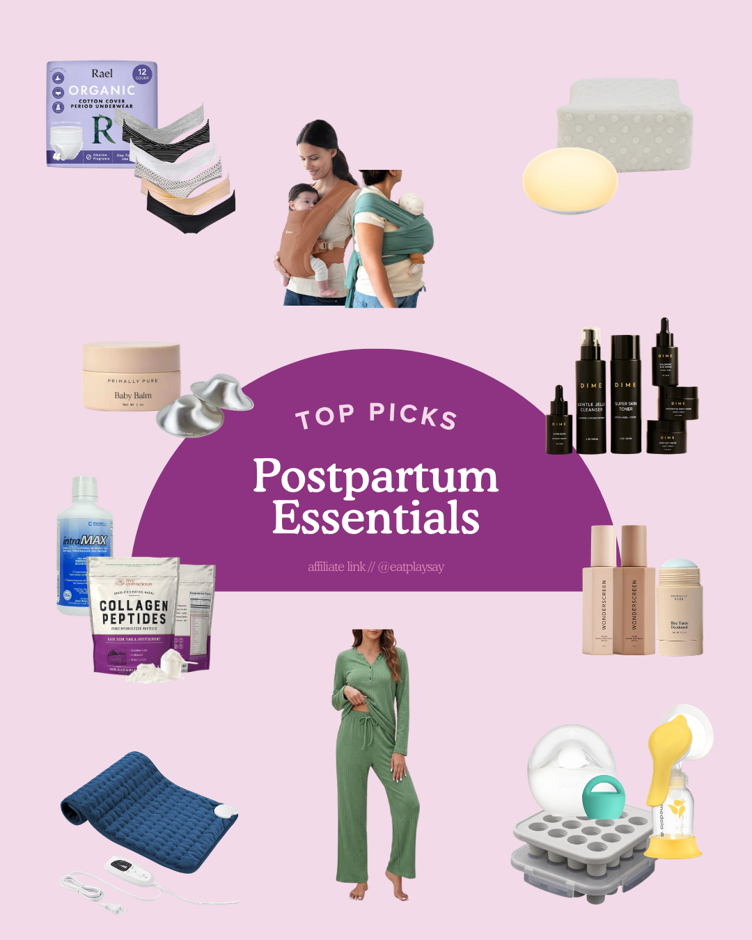 round up graphic of postpartum essentials for mom