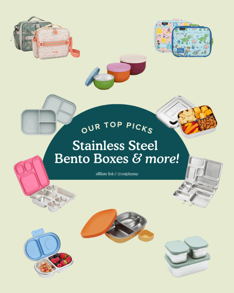 graphic round up of stainless steel bento boxes and food containers