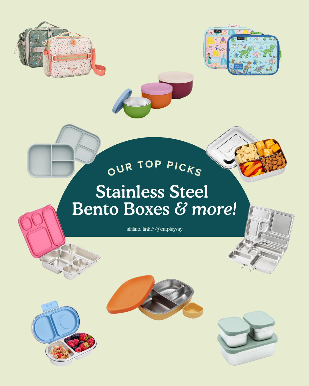 graphic round up of stainless steel bento boxes and food containers