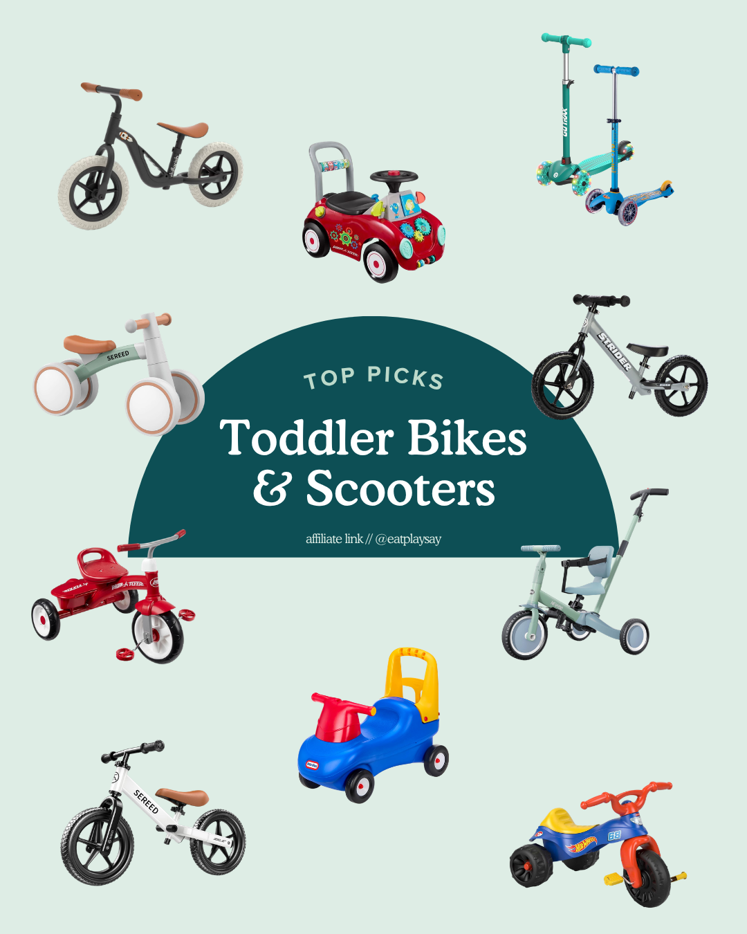 round up graphic of toddler bikes and scooters