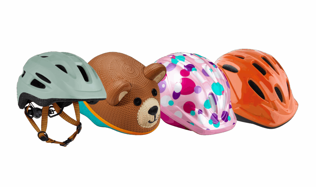 variety of toddler bike helmets, some with playful patterns for kids