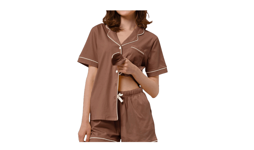 short sleeve cotton pajama set in brown
