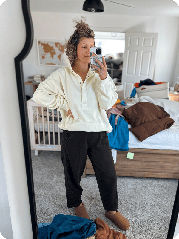 woman wearing comfy postpartum clothing