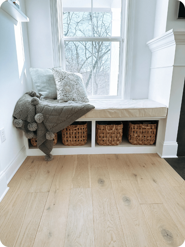 Example of baskets under a bench for hidden toy storage
