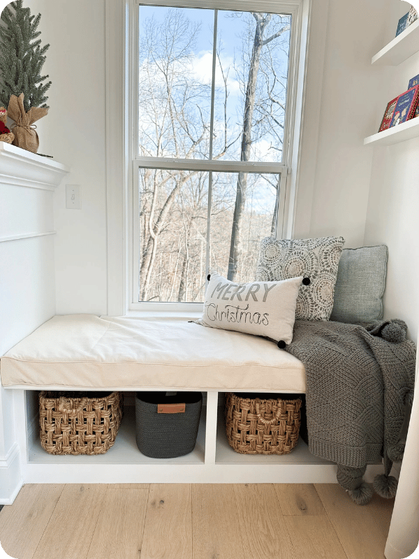 Basket storage sample on a window bench seat