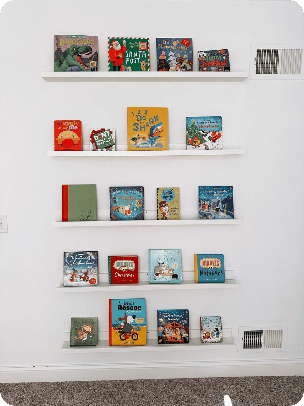 A book wall sample, some books low and reachable for kids, while others are at an adult's level