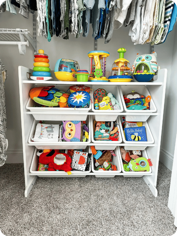 An example of bin organization, where children can easily reach into the bins to grab toys.