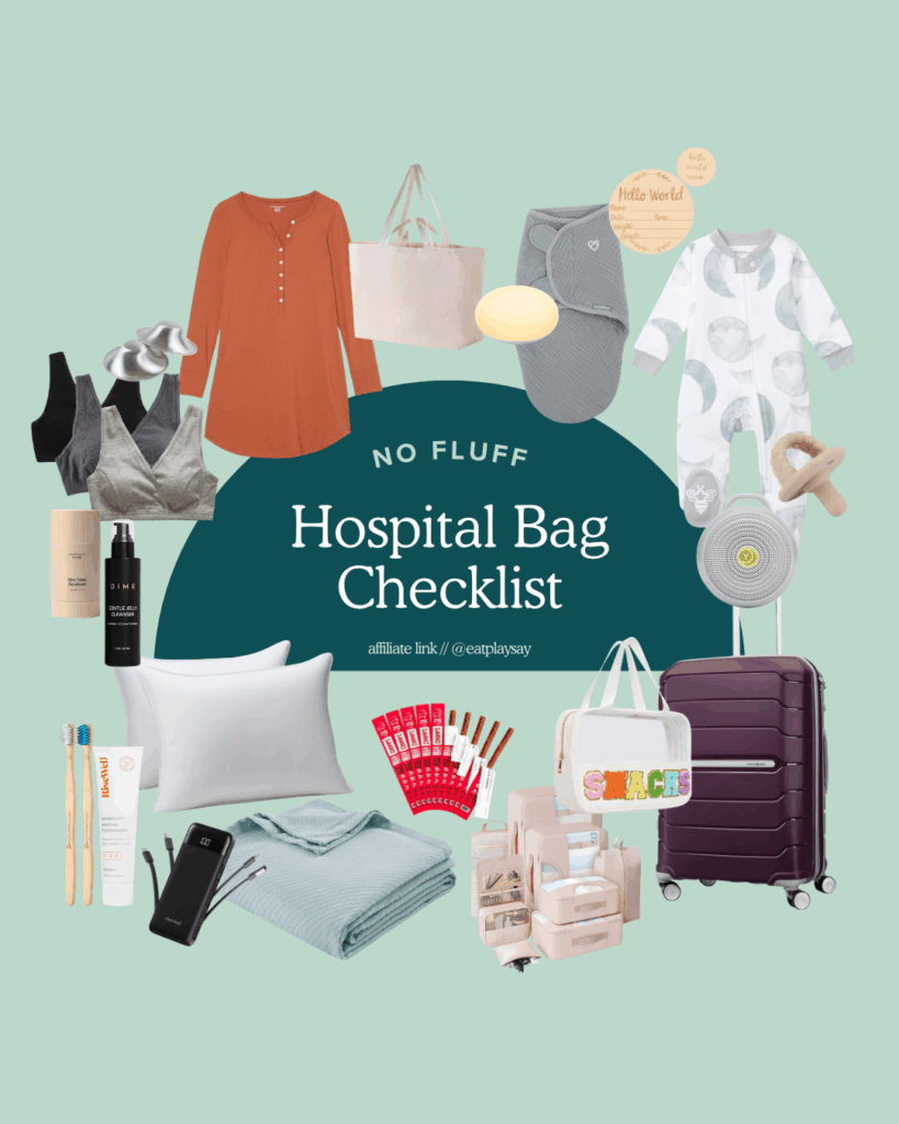 hospital bag checklist round up graphic with items for mom, baby and support person