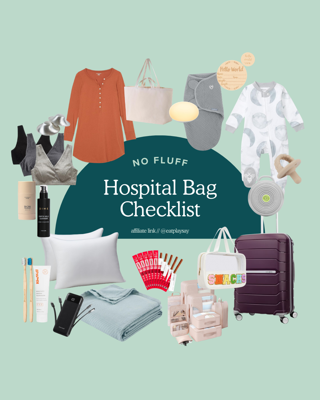 hospital bag checklist round up graphic with items for mom, baby and support person