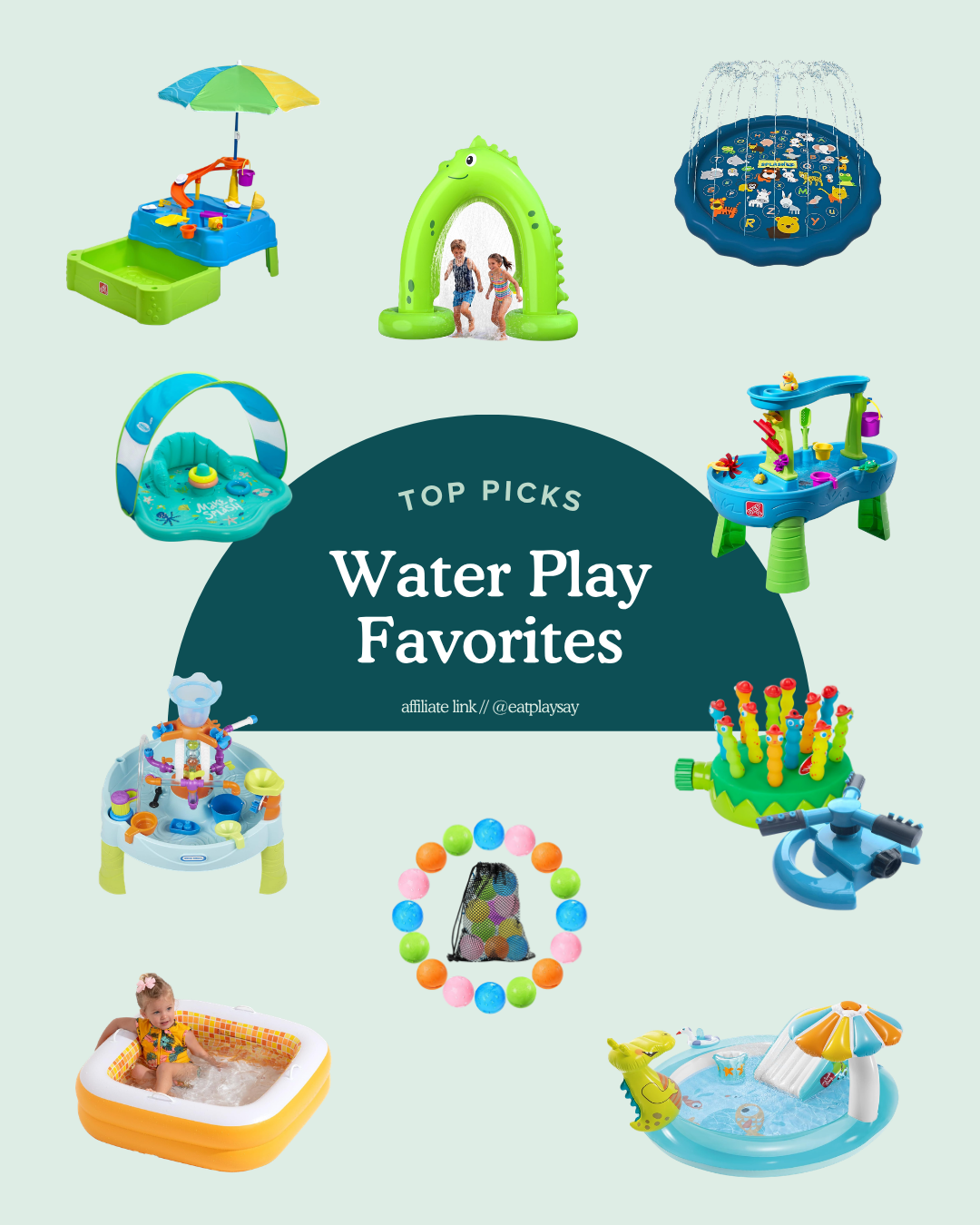 round up graphic of water play favorites like splash pads and water tables