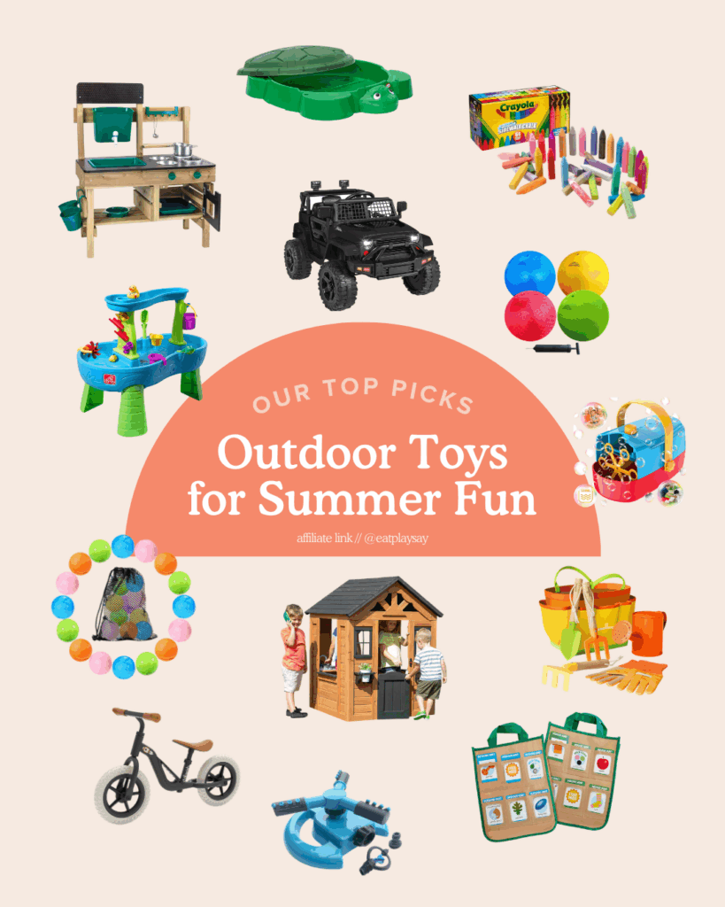 round up graphic featuring the best outdoor toys for summer fun for toddlers and young kids 