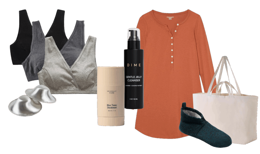 mash up image of items to pack in mom's hospital bag including nursing bras, toiletries, and clothing