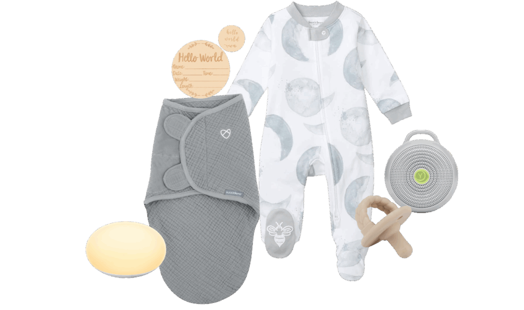 mash up of items to pack in your hospital bag for baby including swaddle, portable sound machine, and outfit
