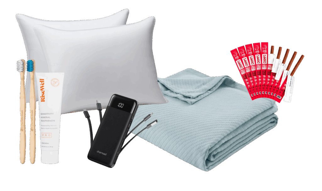photo mashup of items to pack in a hospital bag for partner including pillow, blanket, and chargers