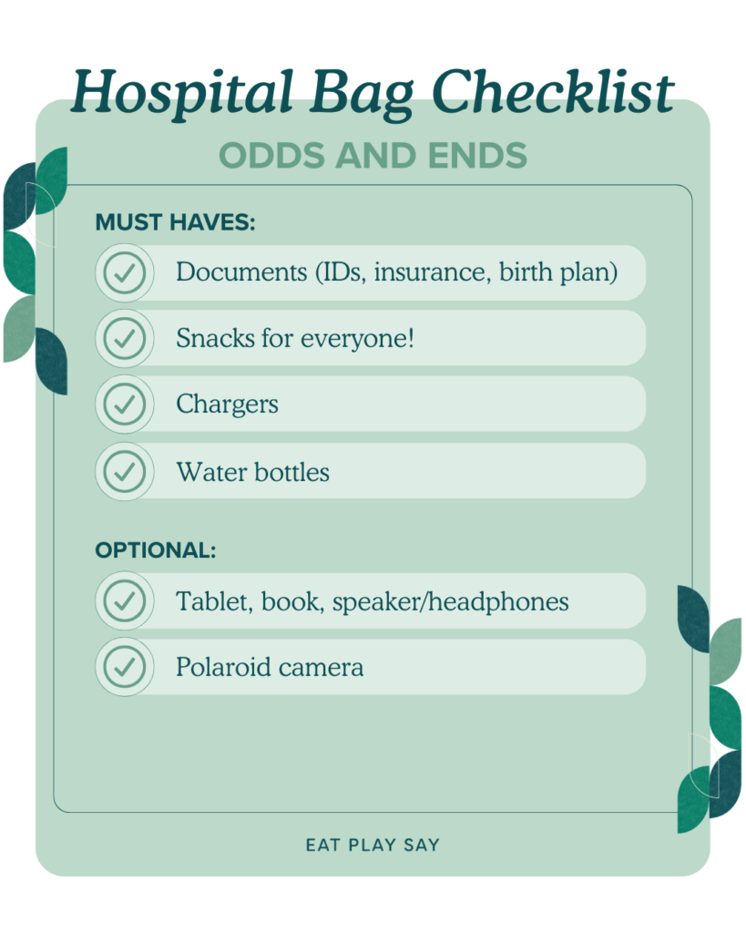 hospital bag checklist graphic listing odds and ends to remember 