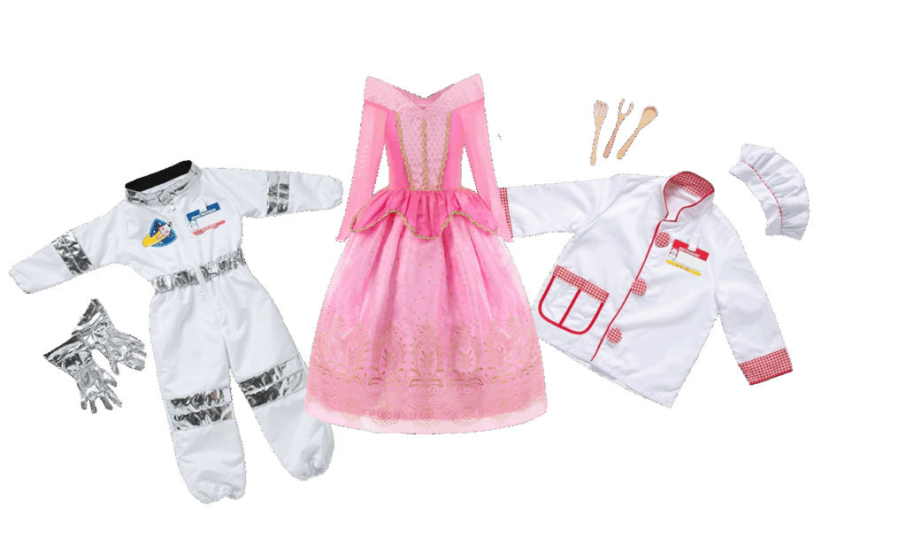 toddler dress up clothes including astronaut, chef and princess
