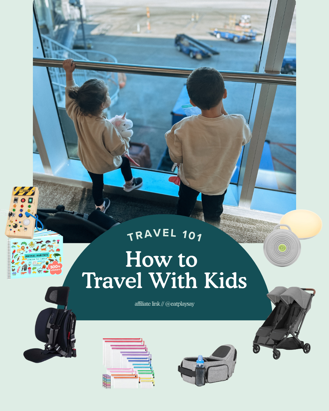 graphic featuring two kids at an airport and helpful items when traveling with kids