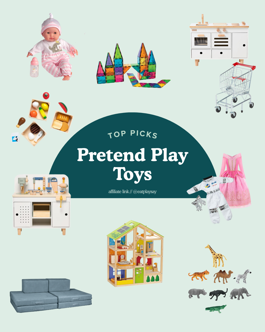 round up graphic featuring the best toys for pretend play