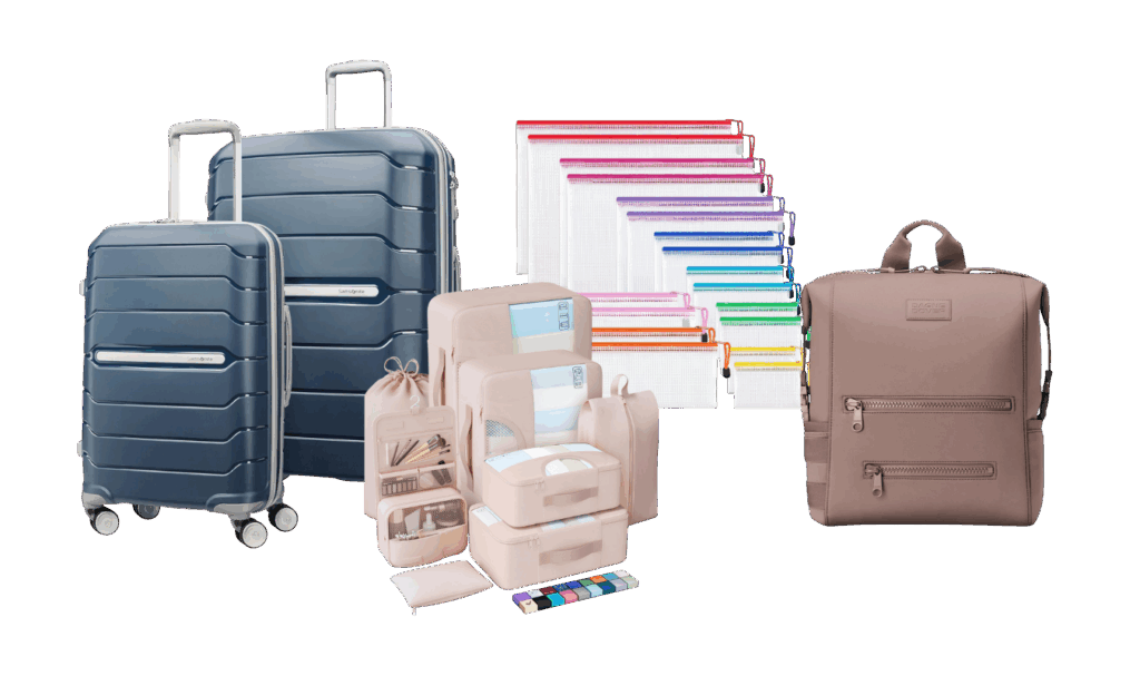 luggage, pack cube set, and other organization items for traveling with kids