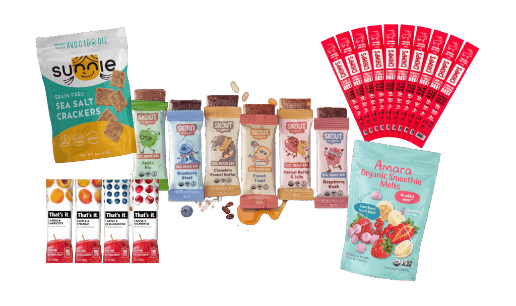 round up graphic of travel snacks 