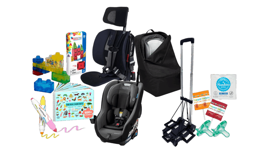 round up graphic of essential items needed when flying with kids