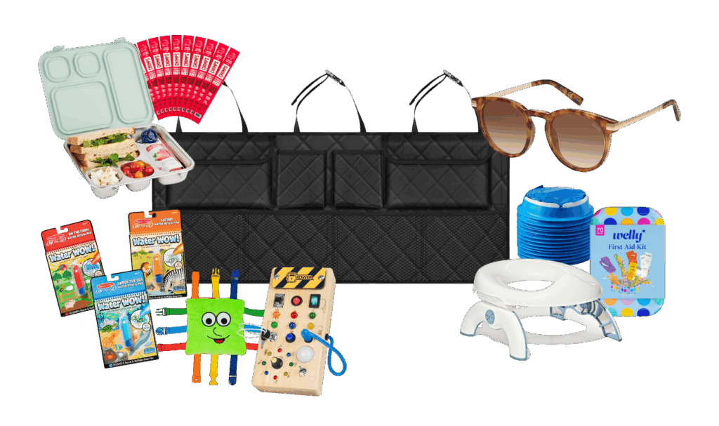 round up graphic of roadtrip essentials for traveling with kids