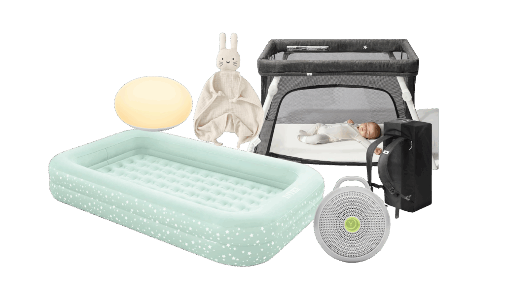 graphic round up of travel sleep essentials for babies and toddlers