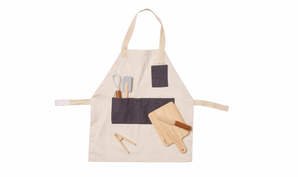 Lalo Little Chef set with apron, chef hat, and play kitchen utensils