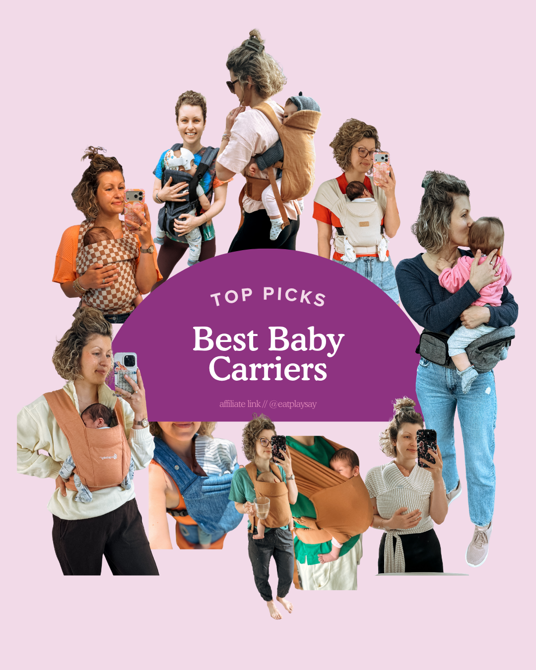 round up graphic of moms wearing the best baby carriers