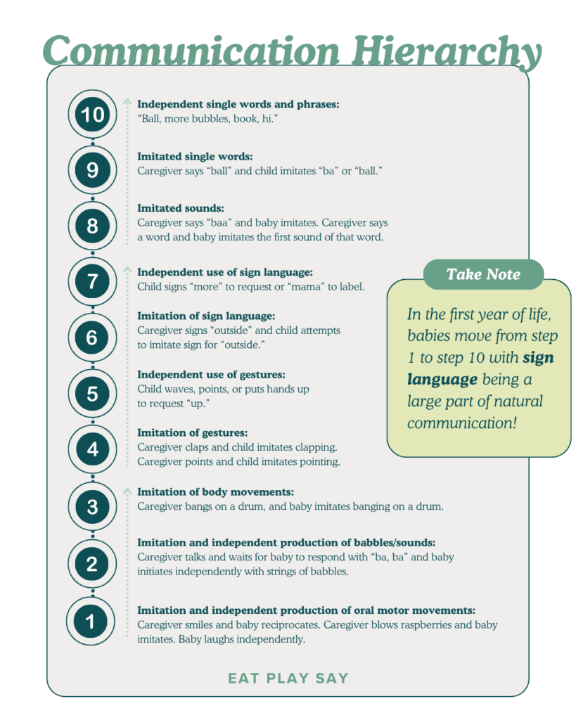 The communication hierarchy includes imitation of sign language and independent use of sign language at steps 6 & 7, with independent single words at step 10.