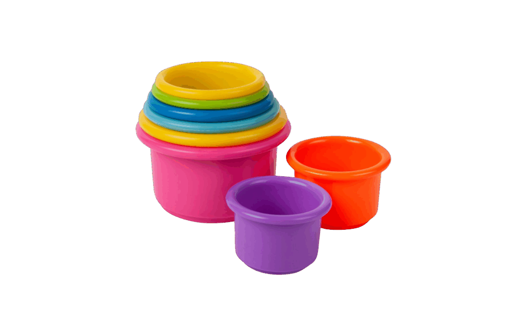 multicolored stacking cups in a post about building toys 