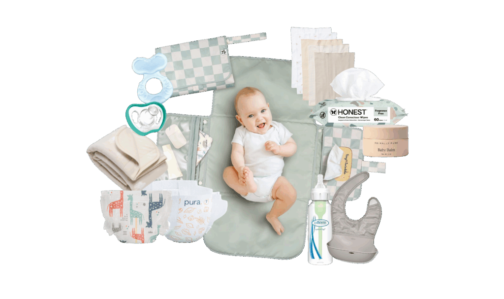 diaper bag essentials for babies including diaper changing supplies, feeding items, and pacifiers