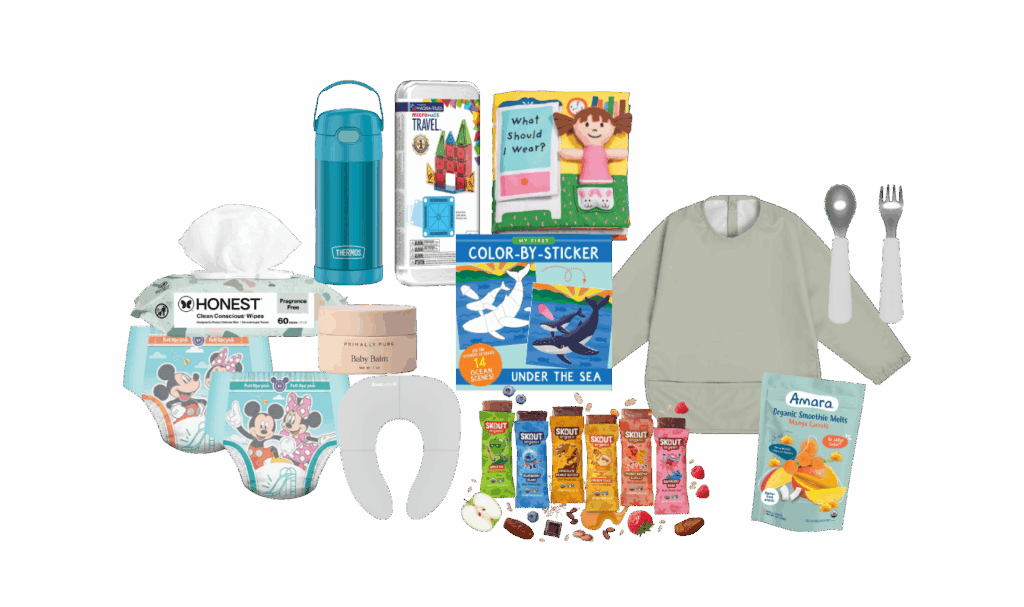 mash-up image of diaper bag essentials for toddlers including pull-ups, snacks, and travel toys