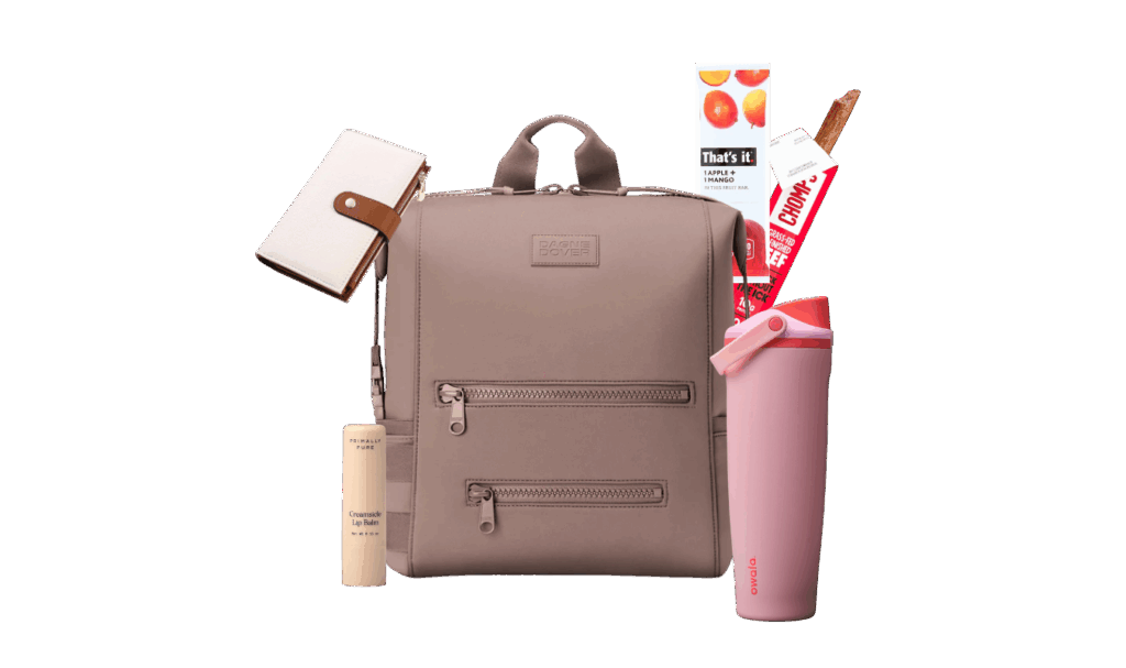 mash-up image of diaper bag essentials for caregivers featuring diaper bag, snacks, water bottle, and wallet