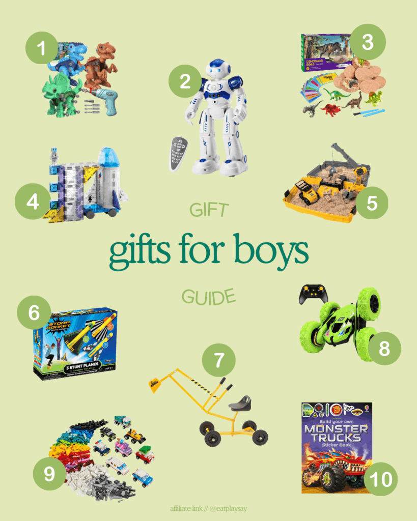 round up graphic of the best toys for 5 year old boys including remote control cars, magnatiles, and building toys