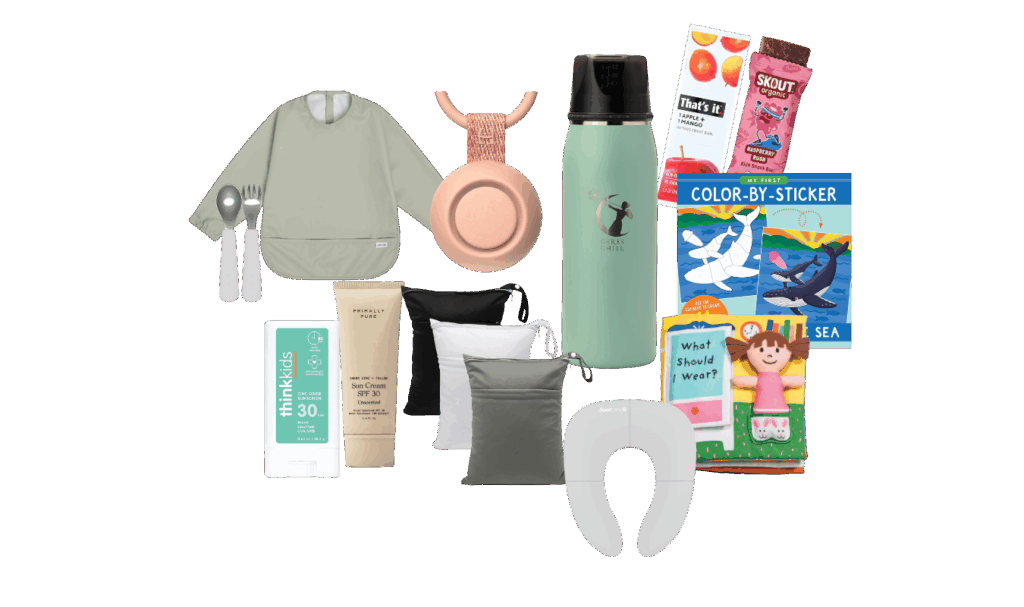 mash-up images of diaper bag essentials for traveling featuring a sound machine, feeding supplies, and travel toys