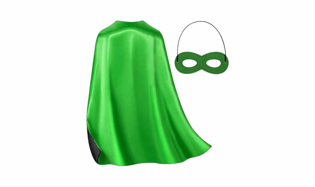 Green toddler dress up cape with eye mask