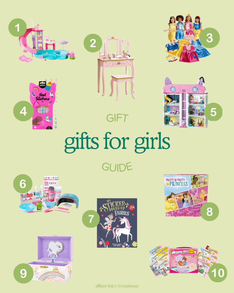 round up graphic of the best toys for 5 year old girls including dress-up clothes, Barbie accessories, and a nail set