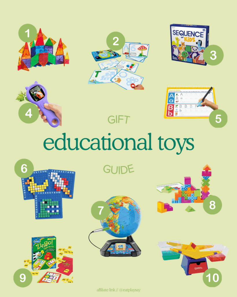 round up graphic featuring educational toys for 5 year olds including magnatiles, board games, and letter learning activities 