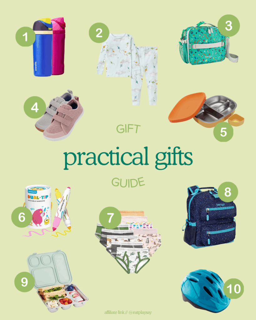 round up graphic of practical gifts for 5 year olds including items like lunch and bento boxes, water bottles, markers, etc.