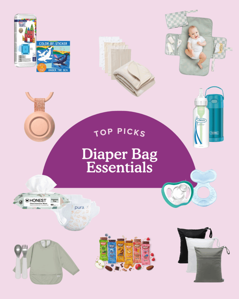 round up graphic of diaper bag essentials for babies and toddlers