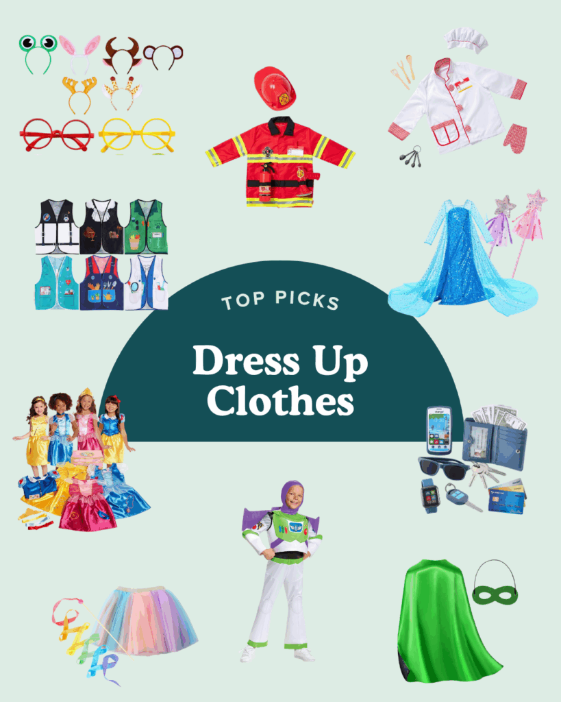 round up graphic of toddler dress up clothes, costumes, and accessories