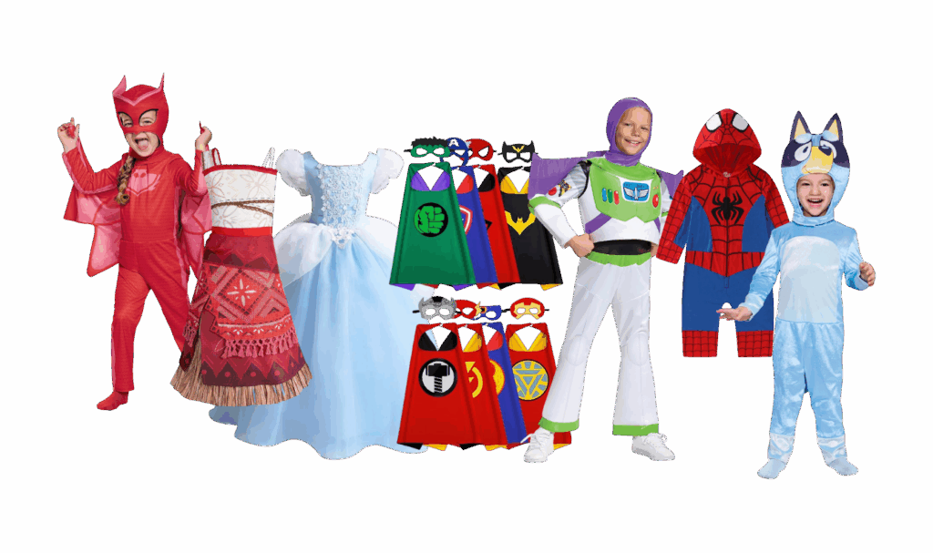 round up graphic of character-based costumes and dress up clothes for kids 