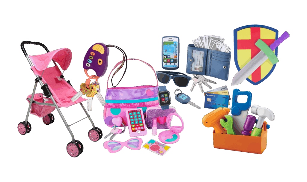round up graphic of pretend play accessories like toy purses, wallets, toolkit, etc