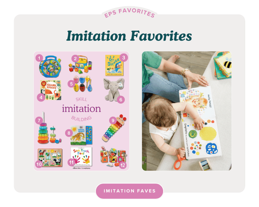 Graphic of favorite toys to encourage baby to imitate sounds and actions.