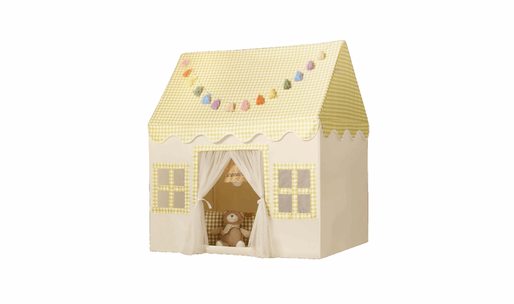 indoor playhouse tent for toddlers with checkered roof and tassels