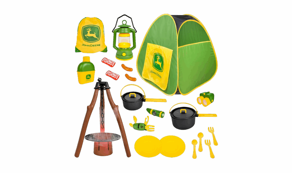 John Deere pop-up play tent and camping accessories for kids