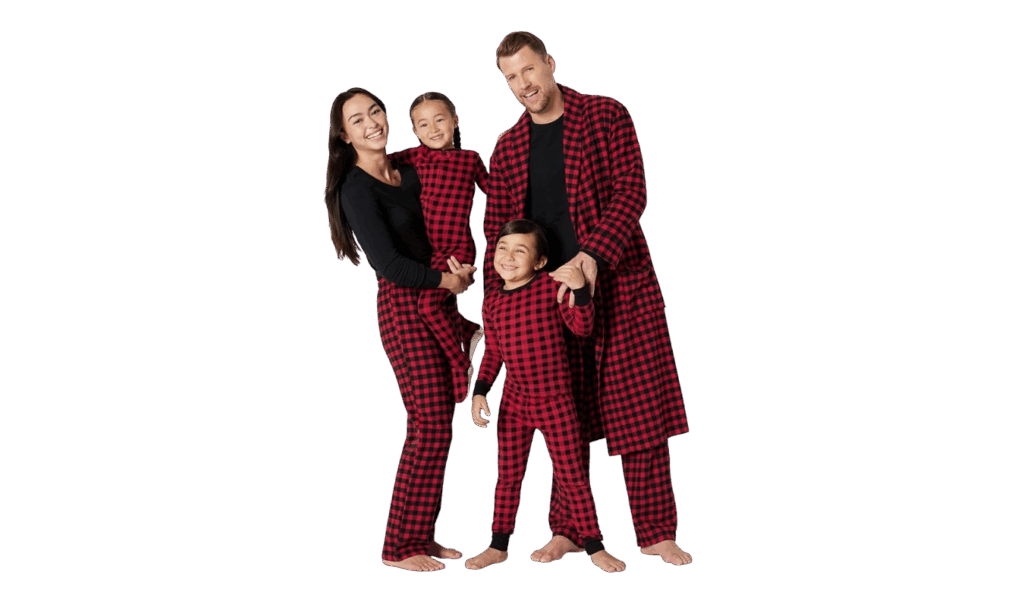 Amazon Essentials Matching Holiday Pajamas in red and black buffalo check pattern