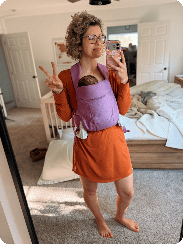 mom wearing cotton nightgown while babywearing 